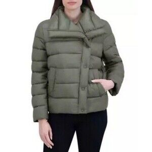 Tahari Asymmetrical Water Repellent Midweight Puffer Green Mint Julep Large NWT